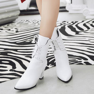 Pointed toe lace up block heel dress boots for women