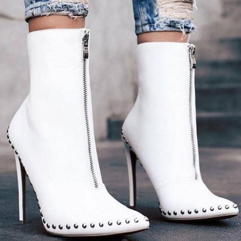 Women knight studded front zipper ankle stiletto high heel boots