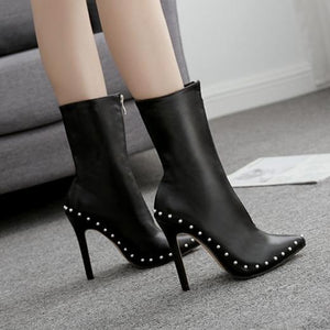 Women knight studded front zipper ankle stiletto high heel boots