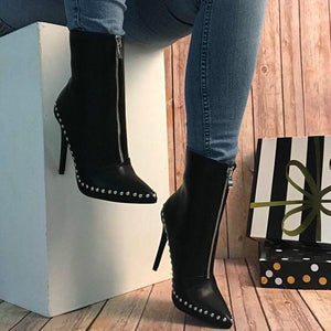 Women knight studded front zipper ankle stiletto high heel boots