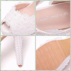 4" White lace peep toe ankle strap wedding heels comfy platform high heels