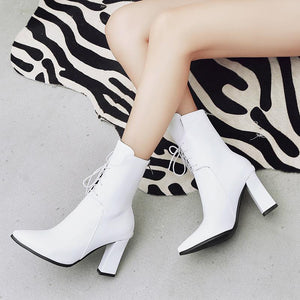 Pointed toe lace up block heel dress boots for women