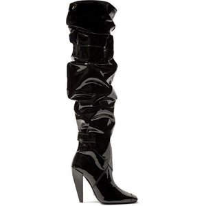 Women knee high stiletto high heel slouch suqare toed boots