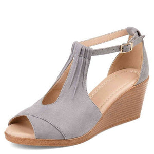 Women peep toe buckle strap high heel wedge sandals
