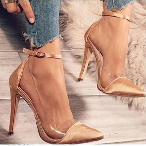 Women pointed toe clear buckle stiletto ankle strap heels