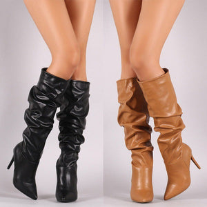 Women slouch boots | Pointed toe stiletto high heel boots | Solid color knee high boots