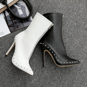 Women knight studded front zipper ankle stiletto high heel boots