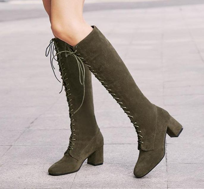 Women lace up square block heel knee high boots