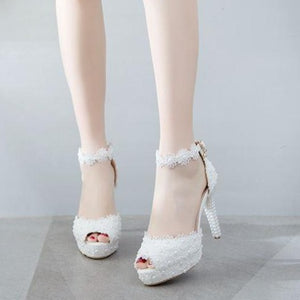4" White lace peep toe ankle strap wedding heels comfy platform high heels