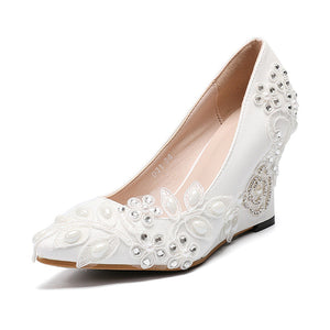 Women flower rhinestone pointed closed toe wedge white heels