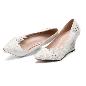 Women flower rhinestone pointed closed toe wedge white heels