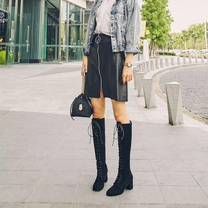 Women lace up square block heel knee high boots