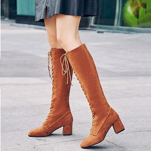 Women lace up square block heel knee high boots