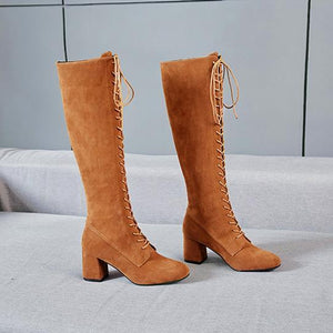 Women lace up square block heel knee high boots