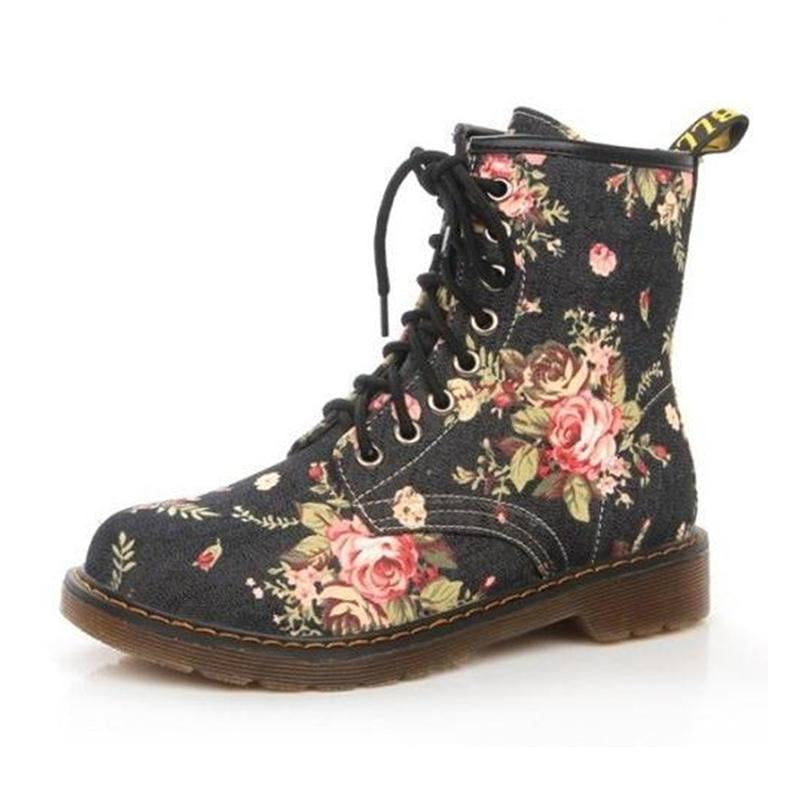 Women Retro Cowboy Floral Printing Flat Heel Platform Lace Up Ankle Boots