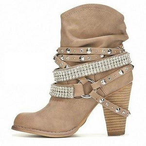 Women Fashion Short Rhinestone Booties Studded Strap Buckle Round Toe Stacked Chunky Heeled Boots