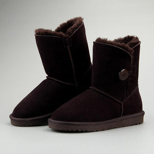 Women Leather Fleece Lining Thick Fur Keep Warm High Cut Button Snow Boots