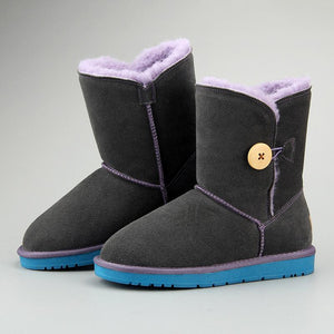 Women Leather Fleece Lining Thick Fur Keep Warm High Cut Button Snow Boots