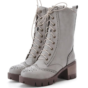 Women retro chunky heel platform lace up hollow mid calf boots
