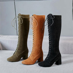 Women lace up square block heel knee high boots