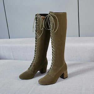 Women lace up square block heel knee high boots