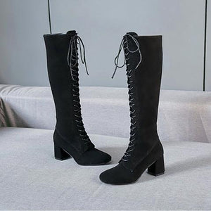 Women lace up square block heel knee high boots