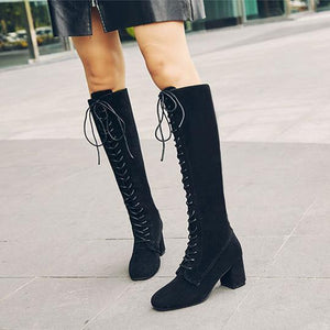 Women lace up square block heel knee high boots