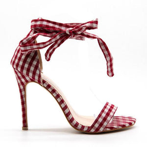 Women summer grid stripes stiletto lace up strappy heels