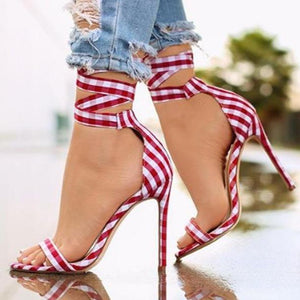 Women summer grid stripes stiletto lace up strappy heels