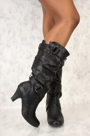 Mid calf heeled boots slouch buckle boots heeled motorcycle boots for women