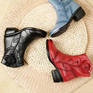 Women fashion flower  block heel ankle boots