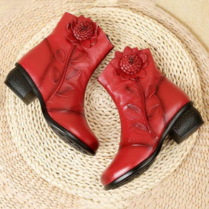 Women fashion flower  block heel ankle boots