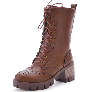 Women retro chunky heel platform lace up hollow mid calf boots