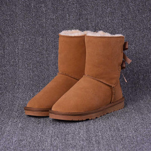 Women Leather Flat Heel Bowknot Lining Faux Fur Winter Keep Warm Snow Boots