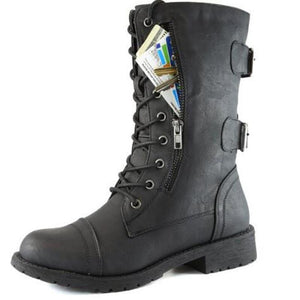 Black combat boots zipper lace-up mid calf boots women's motorcycle boots