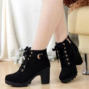 Women fashion buckle strap lace up chunky heeled booties