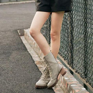 Women retro chunky heel platform lace up hollow mid calf boots