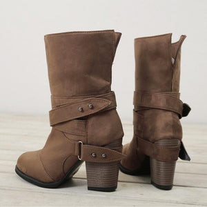 Women winter short buckle strap stacked chunky heel boots