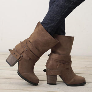 Women winter short buckle strap stacked chunky heel boots