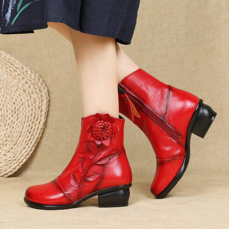 Women fashion flower  block heel ankle boots