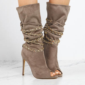 Women chain d¨¦cor mid calf peep toe side zipper stiletto heels