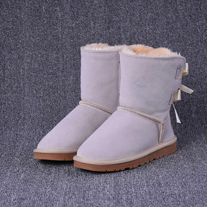 Women Leather Flat Heel Bowknot Lining Faux Fur Winter Keep Warm Snow Boots