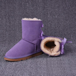 Women Leather Flat Heel Bowknot Lining Faux Fur Winter Keep Warm Snow Boots