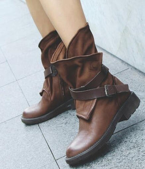 Women's motorcycle boots retro did calf buckle strap boots for women