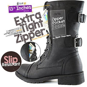 Black combat boots zipper lace-up mid calf boots women's motorcycle boots