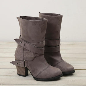 Women winter short buckle strap stacked chunky heel boots