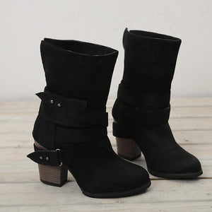 Women winter short buckle strap stacked chunky heel boots