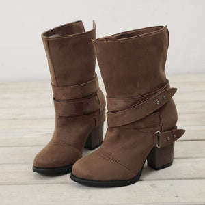 Women winter short buckle strap stacked chunky heel boots