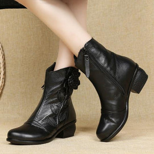 Women fashion flower  block heel ankle boots