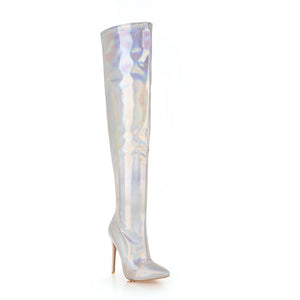 Women sexy mirror silver & gold stiletto pointed toe over the knee boots